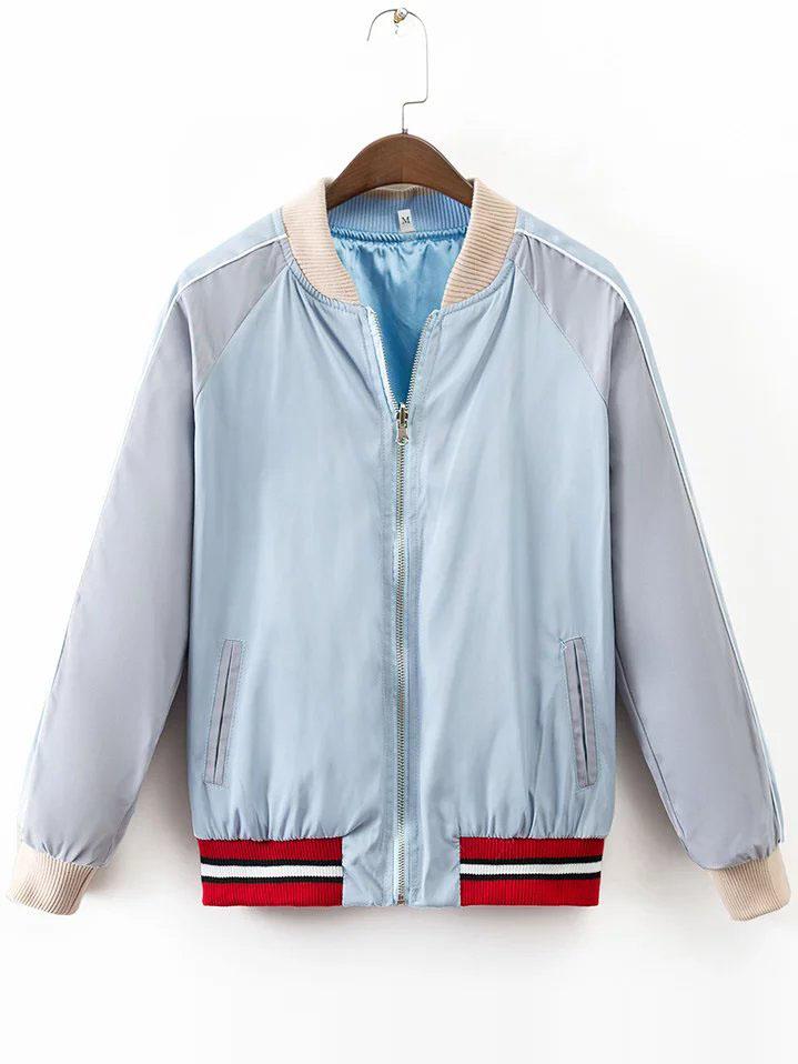 Shein Blue Eagle Embroidery Raglan Sleeve Bomber Jacket