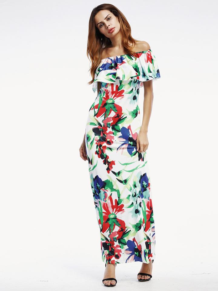 Shein Flounce Layered Neckline Random Florals Full Length Dress