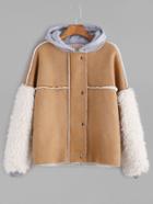 Shein Khaki Hooded Contrast Sleeve Sherpa Lined Suede Coat