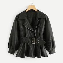Shein Belted Solid Bishop Sleeve Jacket