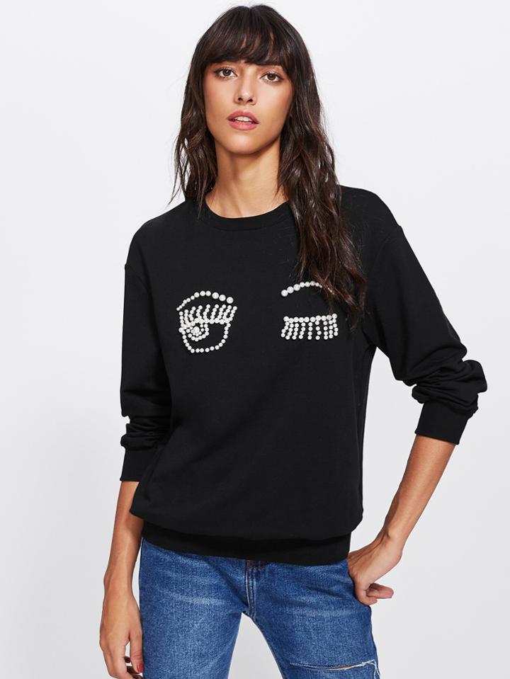 Shein Pearl Beading Winky Eye Sweatshirt