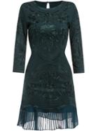 Shein Dark Green Round Neck Long Sleeve Embroidered Dress