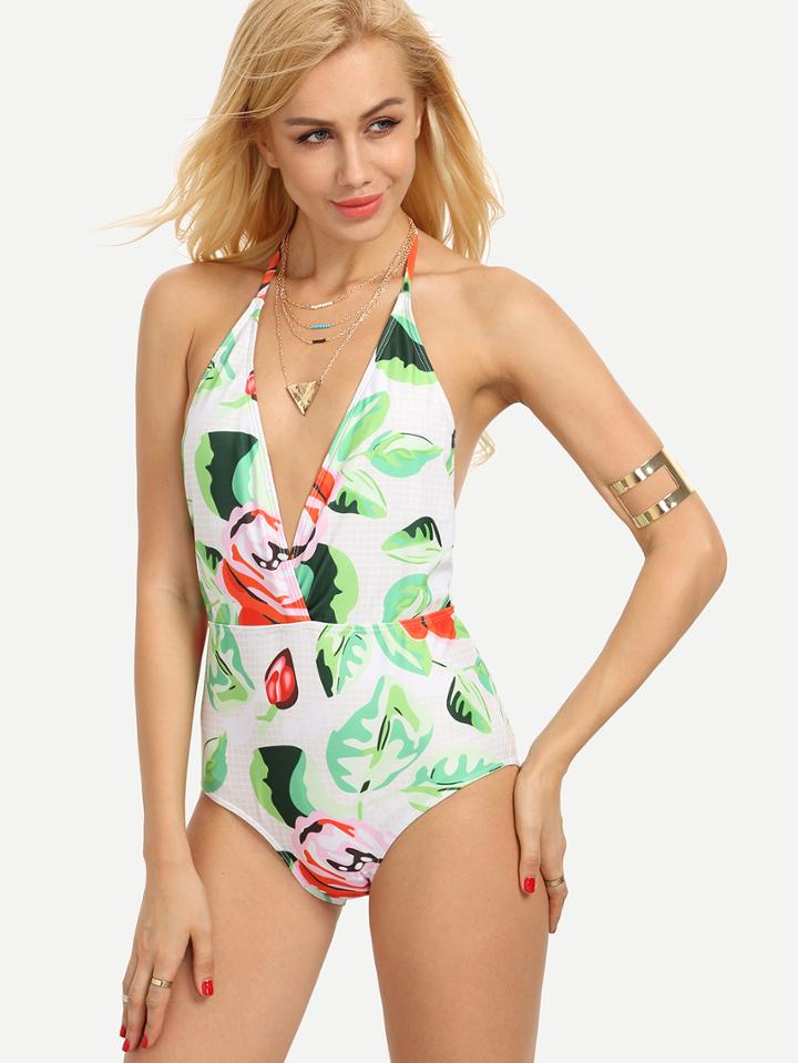 Shein Plunge Halter Neck Backless Multicolor Flower Print Swimsuit