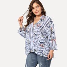 Shein Plus Surplice Neck Mixed Print Blouse