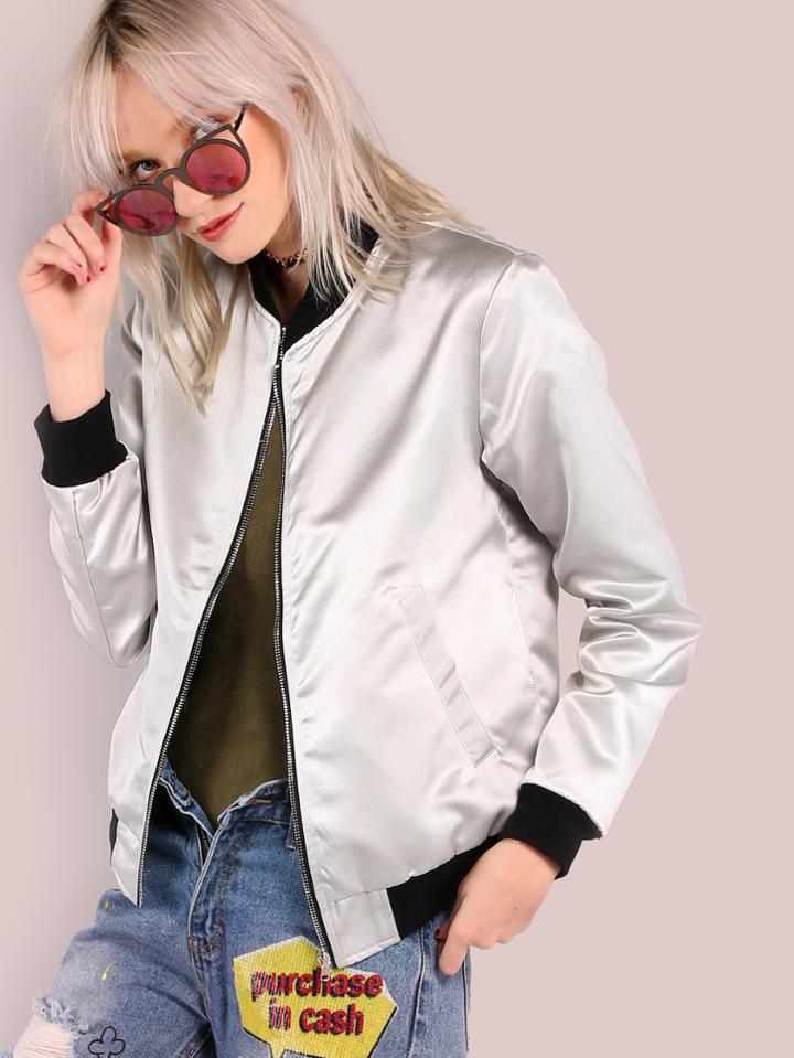 Shein Sleek Metallic Bomber Jacket Silver