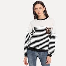 Shein Leopard Pocket Contrast Striped Tee