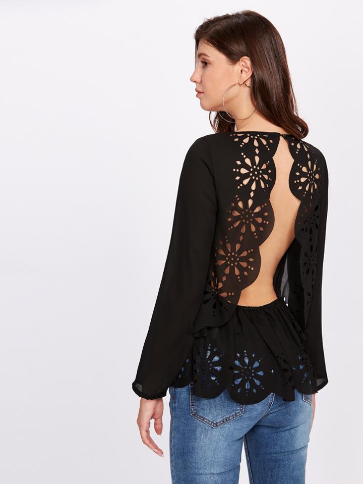 Shein Open Back Scallop Laser Cut Top