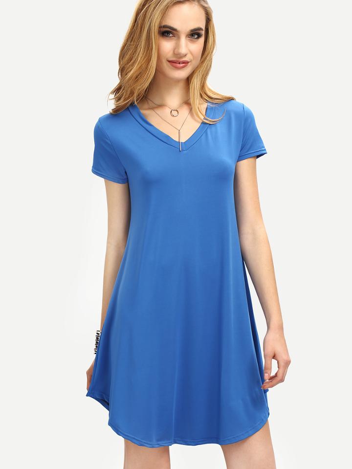 Shein V-neck Curved Hem Swing Dress - Blue