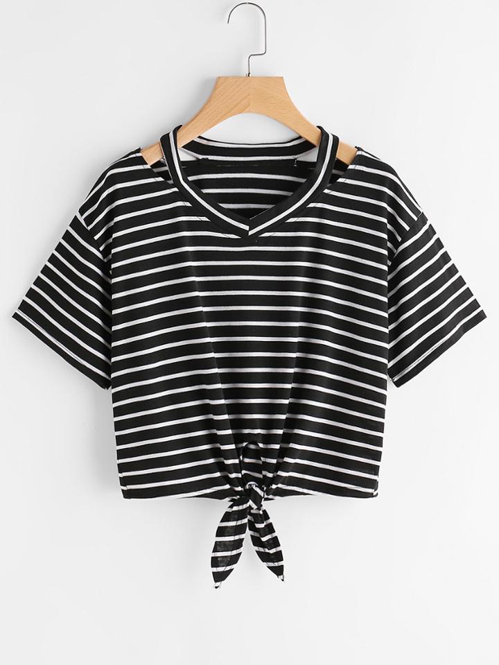 Shein Ripped Neck Knotted Hem Striped T-shirt