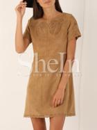 Shein Yellow Bronze Tan Suede Short Sleeve Scallop Zipper Dress