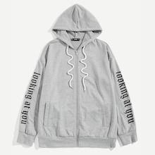 Shein Men Zip Up Drawstring Letter Hoodie