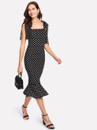Shein Self Tie Shoulder Polka Dot Ruffle Hem Dress