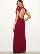 Shein Burgundy Embroidered Lace Overlay Open Back Maxi Dress
