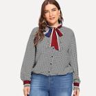 Shein Plus Tie Neck Button Front Plaid Top