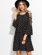 Shein Black Polka Dot Print Tied Shoulder Dress