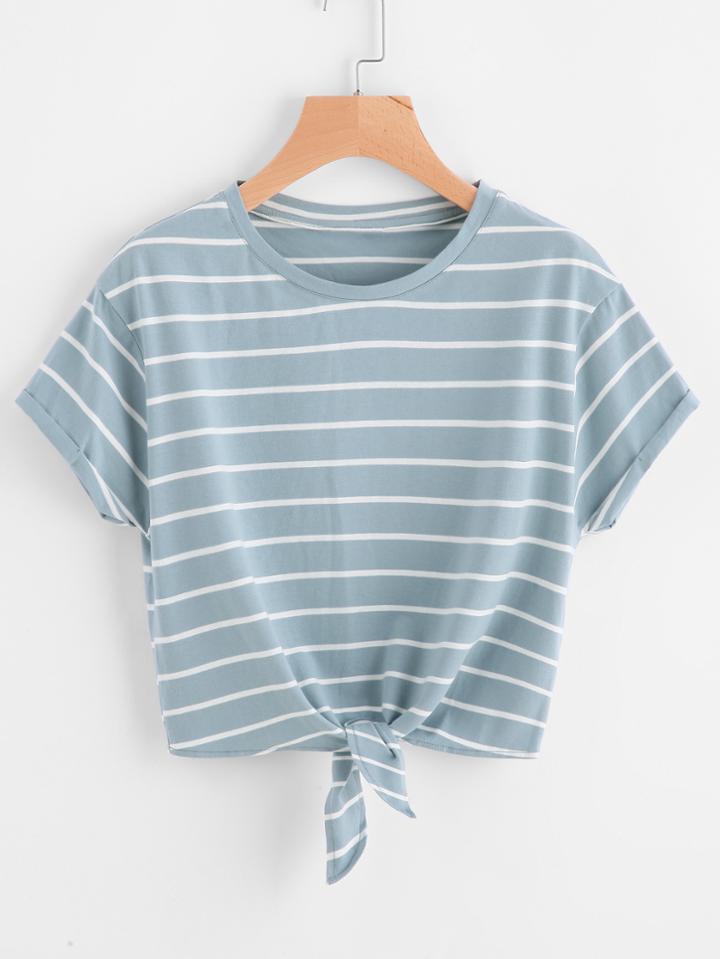 Shein Knot Front Cuffed Sleeve Striped Tee