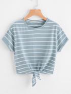 Shein Knot Front Cuffed Sleeve Striped Tee