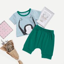 Shein Boys Monkey Print Striped Tee With Pants