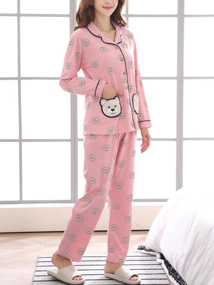Shein Contrast Binding Bear Print Shirt & Pants Pj Set