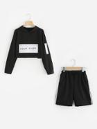 Shein Drop Shoulder Patch Crop Hoodie With Striped Side Shorts
