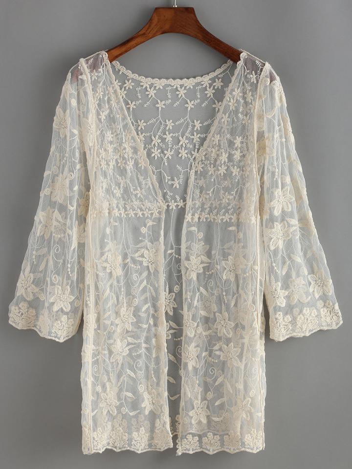Shein Apricot Sheer Lace Embroidered Top