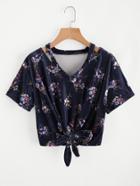 Shein Self Tie Hem Cut Out Neckline Tee