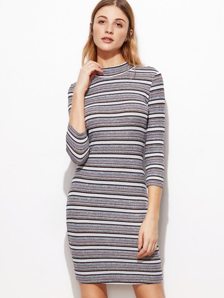 Shein Grey Striped Ribbed Knit Mock Neck Bodycon Dress