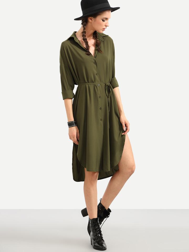 Shein Olive Green Self Tie High Low Shirt Dress