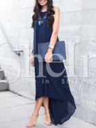 Shein Navy Crew Neck Sleeveless Asymmectric Maxi Dress