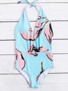 Shein Graphic Print Plunge Neck Halter One Piece Swimwear