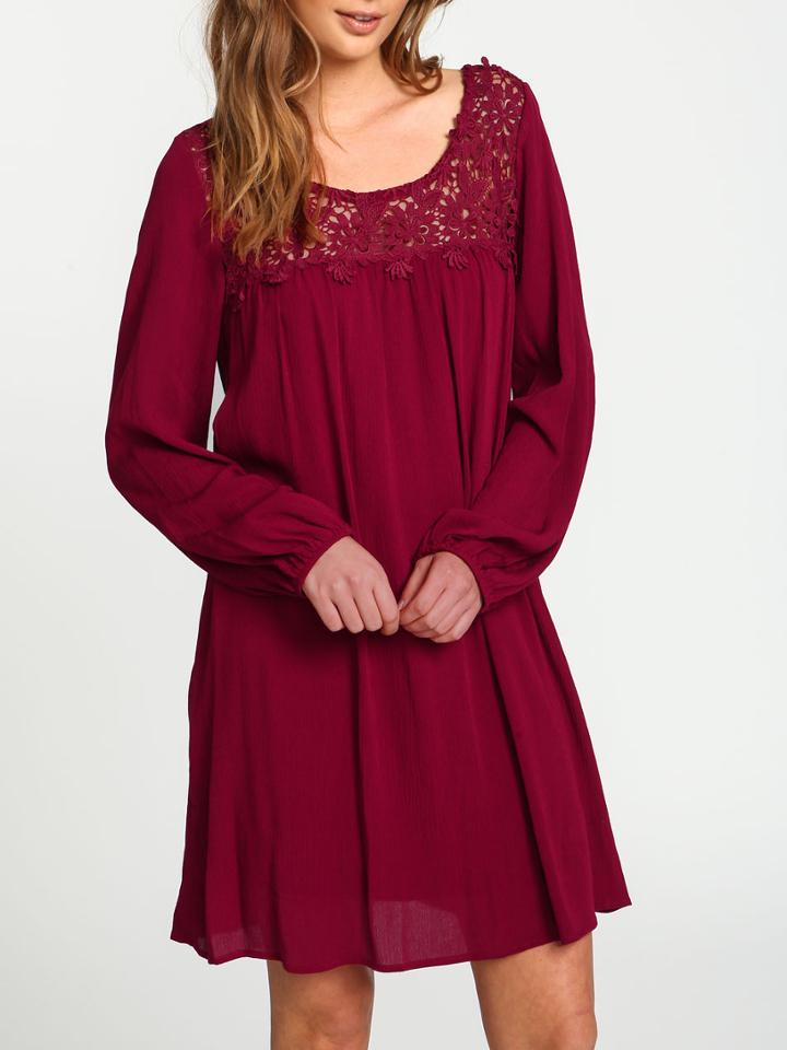 Shein Wine Red Long Sleeve Crochet Lace Dress