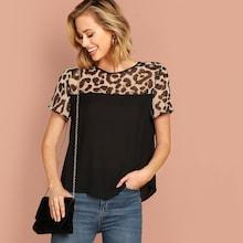 Shein Keyhole Back Leopard Yoke Top