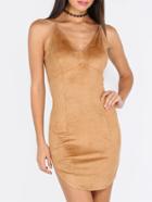 Shein Khaki Spaghetti Strap Criss Cross Back Bodycon Dress