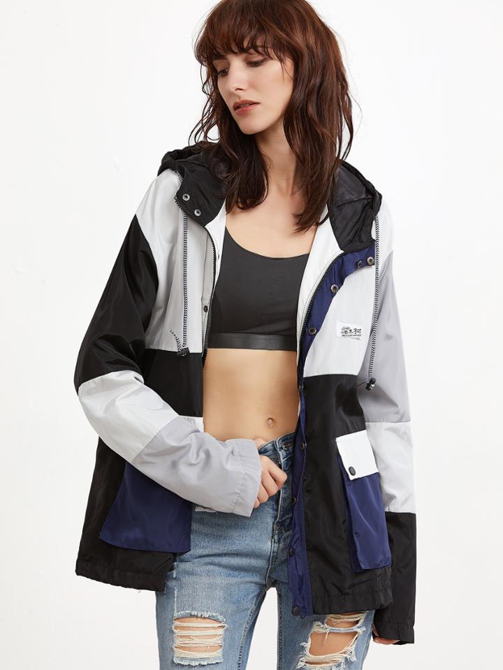 Shein Color Block Drawstring Pockets Hooded Coat