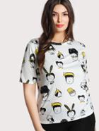 Shein Allover Cartoon Portrait Print T-shirt
