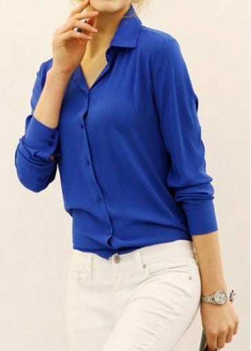 Rosewe Chiffon Cobalt Blue Button Closure Blouse
