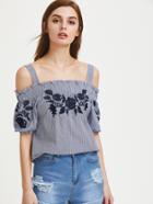 Shein Pinstripe Embroidered Cold Shoulder Top