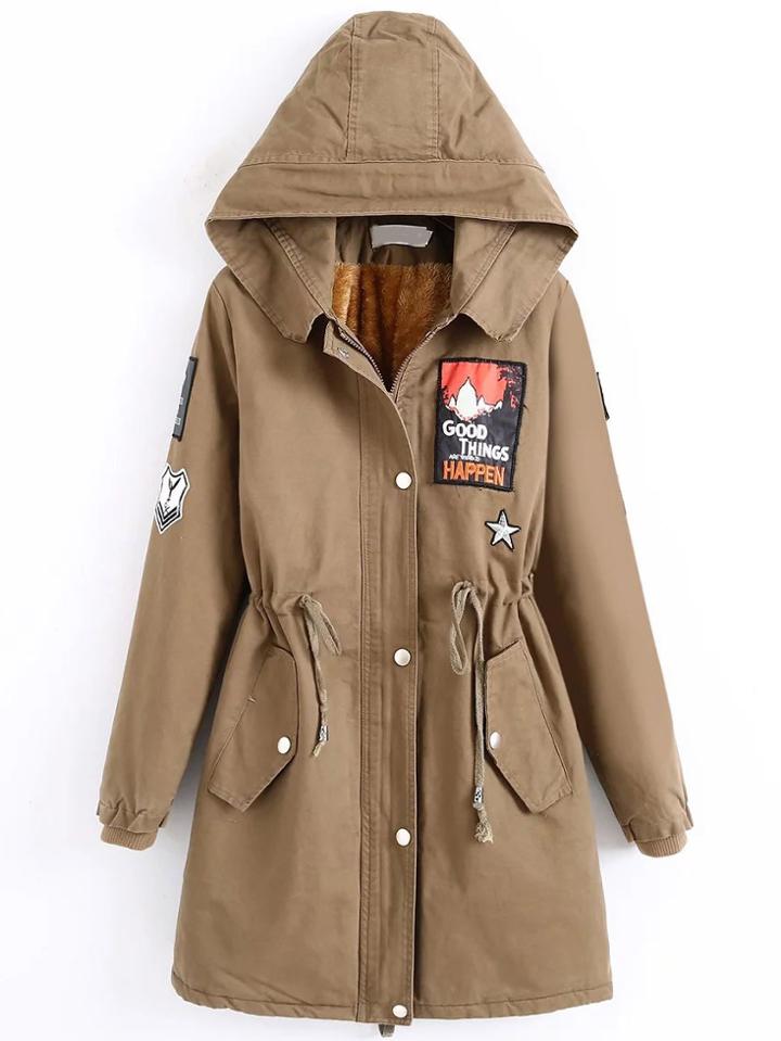 Shein Khaki Patch Detail Drawstring Waist Hooded Coat
