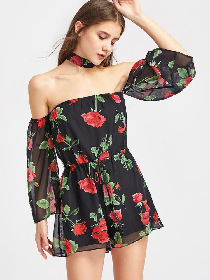 Shein Floral Print Bardot Drawstring Chiffon Romper With Choker