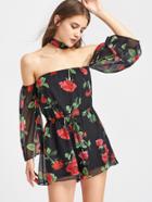 Shein Floral Print Bardot Drawstring Chiffon Romper With Choker