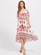 Shein Bardot Floral Print Dress With Fringe
