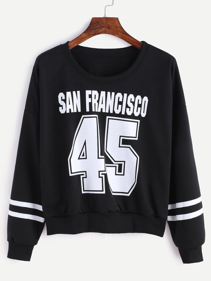 Shein Black Varsity Print Drop Shoulder Seam Sweatshirt