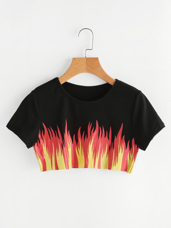 Shein Fire Print Crop Tee