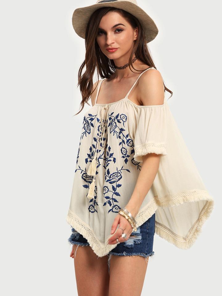 Shein Apricot Cold Shoulder Embroidered Tassel Blouse