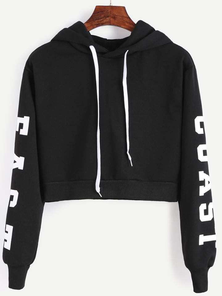 Shein Black Hooded Letters Print Crop Sweatshirt