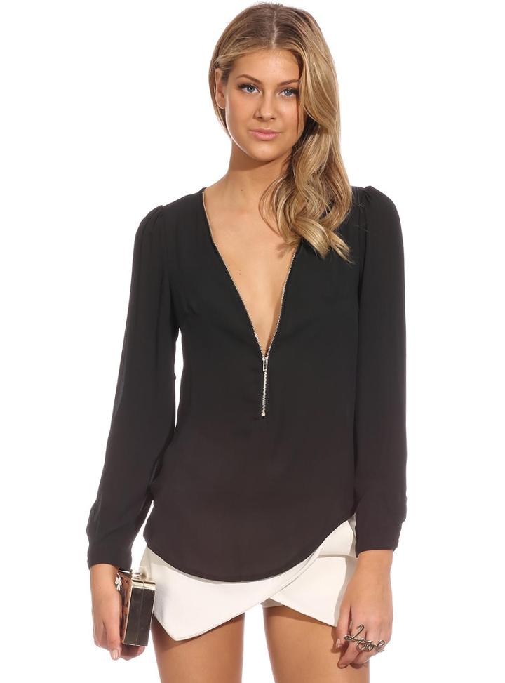 Shein Black V Neck Long Sleeve Zipper Top