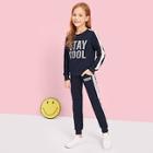 Shein Girls Striped Tape Side Lettering Top & Pants Set