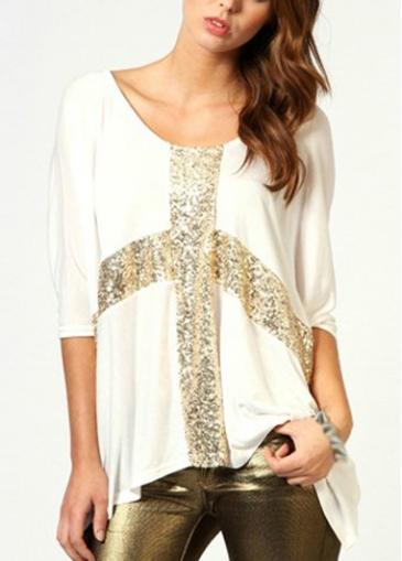 Rosewe Shining Batwing Sleeve Sequin Decorated White T Shirt