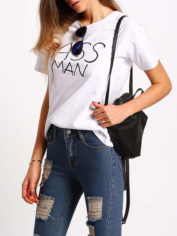 Shein White Crew Neck Letters Print T-shirt
