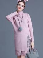 Shein Pink Stand Collar Long Sleeve Contrast Lace Dress